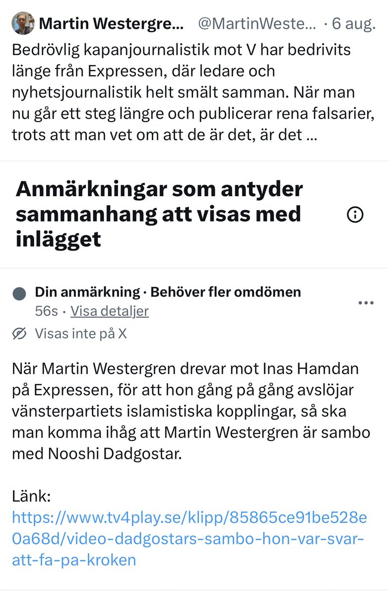 MickeK69's tweet photo. Hej @MartinWestergr3 - lade in en liten anmärkning på ditt inlägg. Viktigt att folk känner till att du är sambo med @dadgostarnooshi när du drevar mot @inashmdn på Expressen

#val2026 https://t.co/V1lAOZWTRR