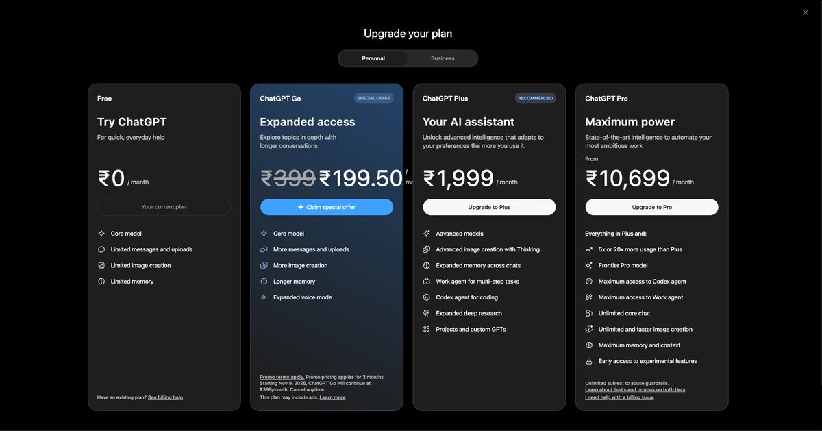 arogya30's tweet photo. @jxnlco @thsottiaux seems like pricing page is broken https://t.co/0QHOOBYMxx