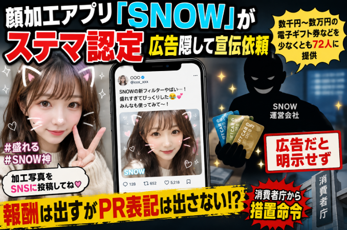 SekenBug's tweet photo. 顔は加工してもいいけど
広告表示まで消すのはダメだろ😅
SNOW、インフルエンサーに報酬を渡して投稿依頼
でもPR表記は出さず、消費者庁から措置命令 https://t.co/p83BVqHhph