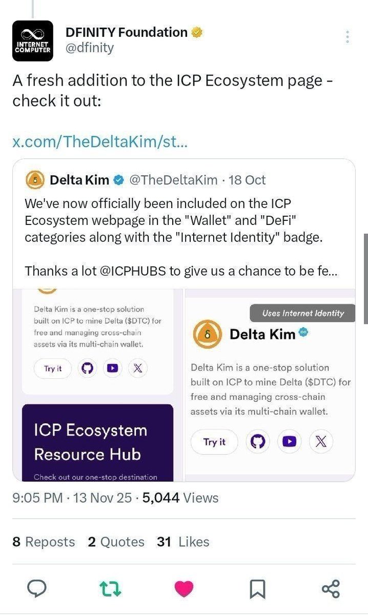 sandthama's tweet photo. @dolphins_id Delta is an open source new digital money platform running on DFINITY Internet Computer. It can manage &amp; use various digital currencies without passwords, private keys, or mnemonics. https://t.co/JjUABHbpd1 to install the application.
Referral code DID:
D59MFG1CN1BQ3

#DeltaKim https://t.co/J0n6U5m9Ne