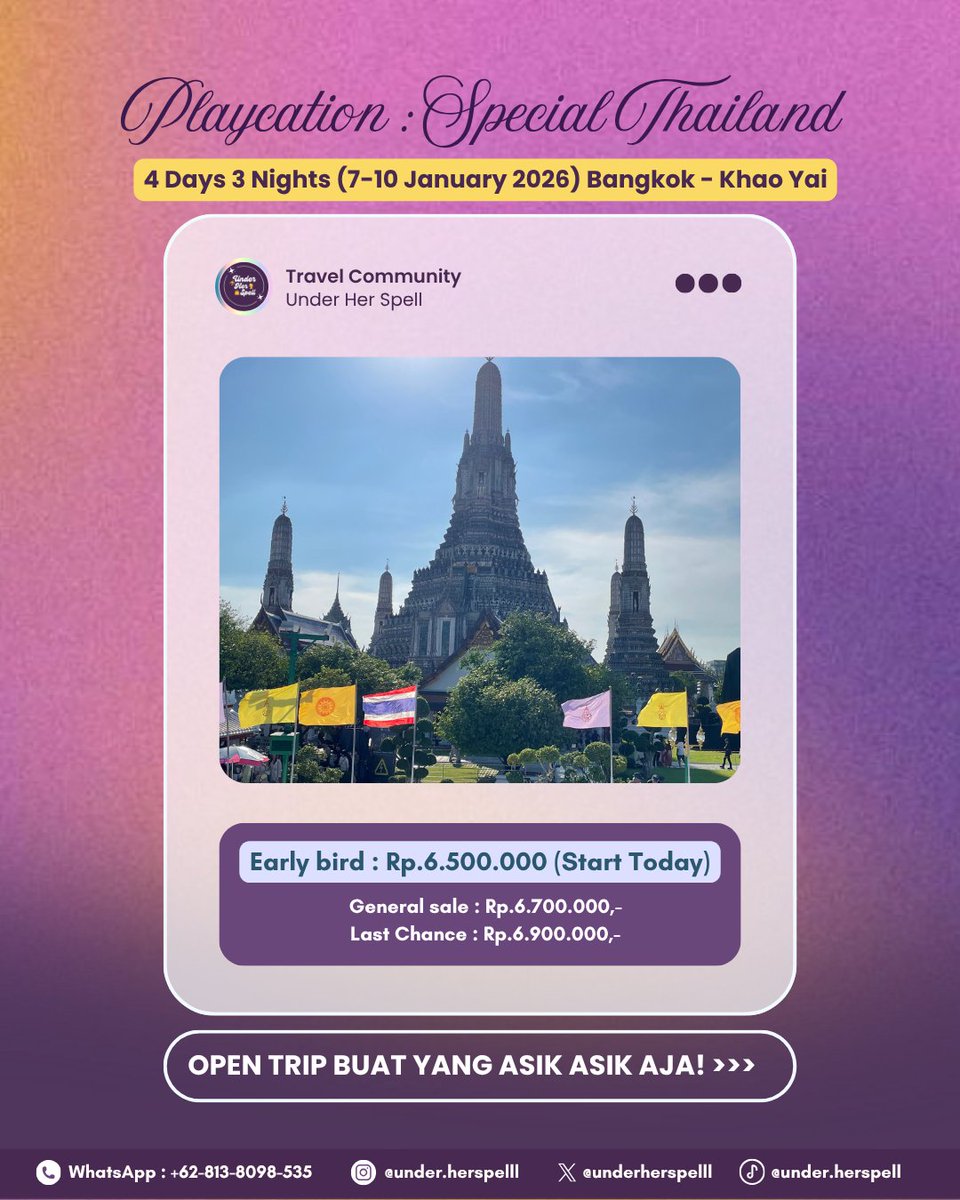 _underherspelll's tweet photo. Mau liburan ke Thailand tanpa ribet? ๐น๐ญ Join Open Trip 4D3N Bangkok - Khao Yai! Termasuk homestay estetis, private van, & makan.
DP cuma 1,5jt + bisa dicicil H-30!
Yuk amankan seat Early Bird (6,5jt) sekarang via WA!
#zonauang #bealanja #opentrip #travel #thailand https://t.co/NGaQwOhF5h