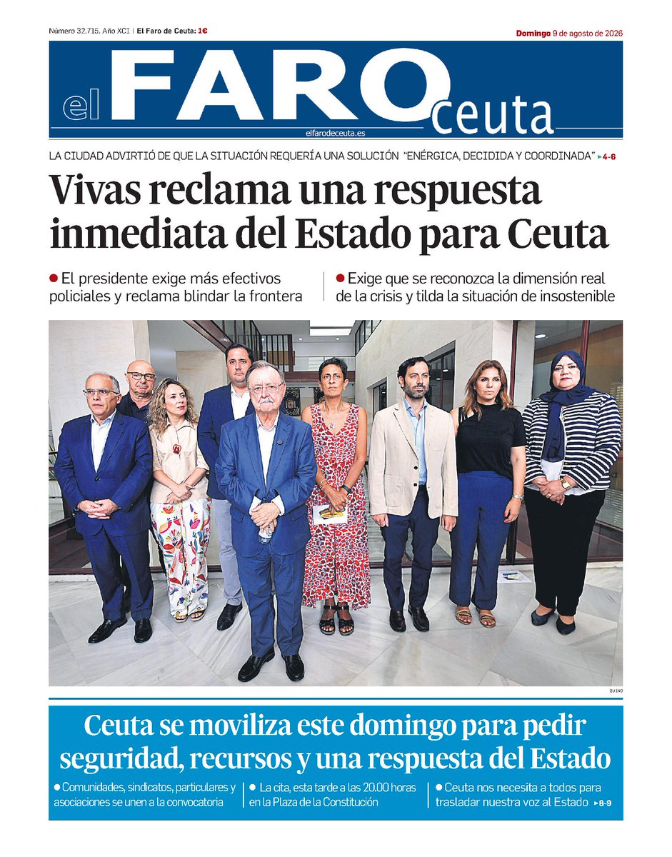 ElFarodeCeuta's tweet photo. Buenos días. Esta es nuestra portada de hoy domingo 9 de agosto de 2026 https://t.co/smyHY36ku9

#Ceuta https://t.co/AjEnP4AP8s