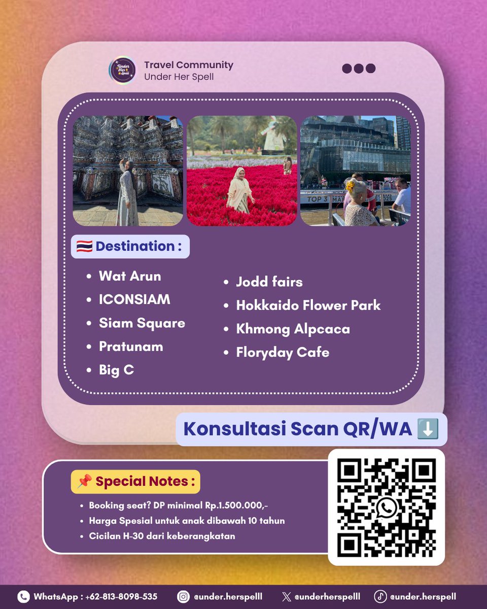 _underherspelll's tweet photo. Mau liburan ke Thailand tanpa ribet? ๐น๐ญ Join Open Trip 4D3N Bangkok - Khao Yai! Termasuk homestay estetis, private van, & makan.
DP cuma 1,5jt + bisa dicicil H-30!
Yuk amankan seat Early Bird (6,5jt) sekarang via WA!
#zonauang #bealanja #opentrip #travel #thailand https://t.co/NGaQwOhF5h