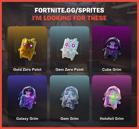 RivalsAndReels's tweet photo. Updated list of missing sprites are some trades, willing to swap for anything anyone needs! :) 

#fortnite #sprite #sprites #spritetrading https://t.co/SDUyRhycL7