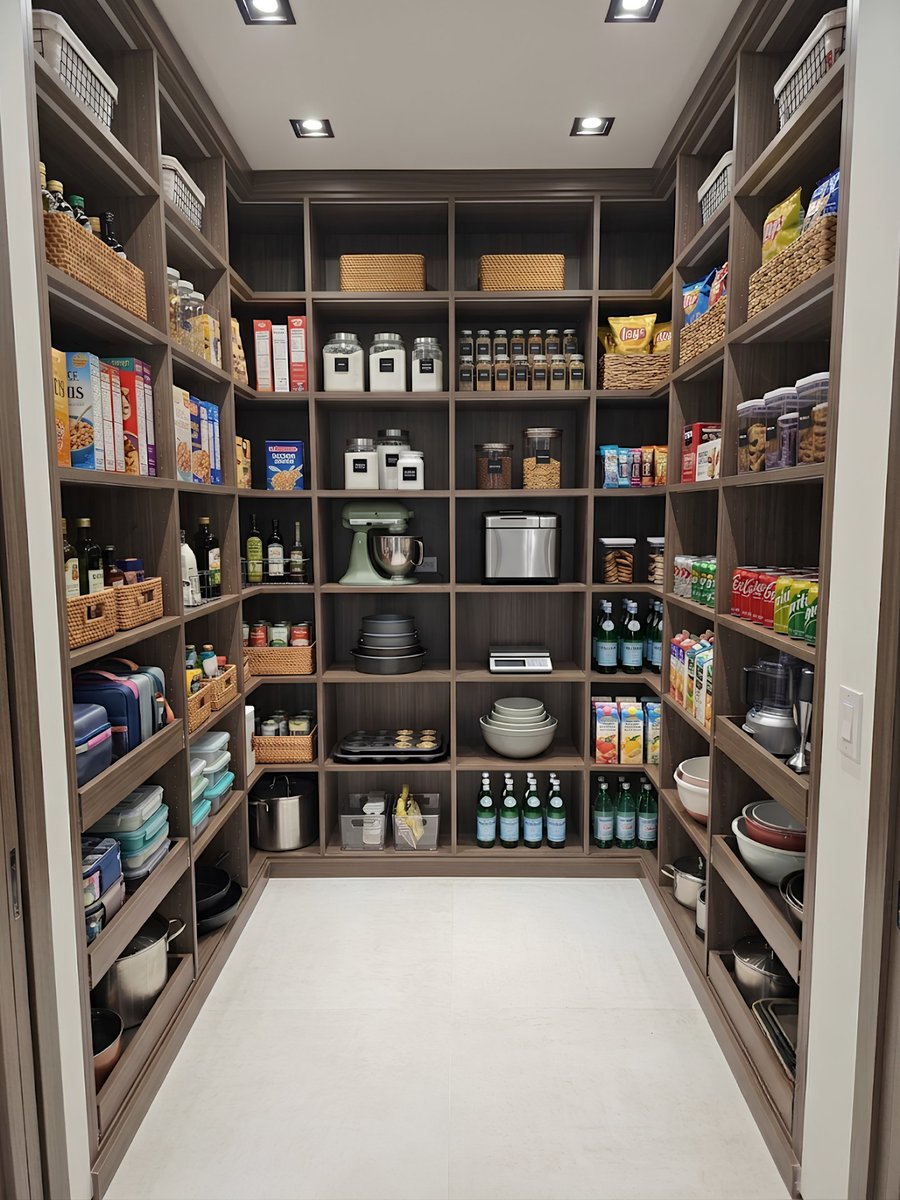 JClosets88693's tweet photo. This custom walk-in pantry combines open shelving with pull-out storage to maximize space and keep every item neatly organized.  

#jlclosets #KitchenGoals #HomeInspiration https://t.co/4kOaIbWb1U