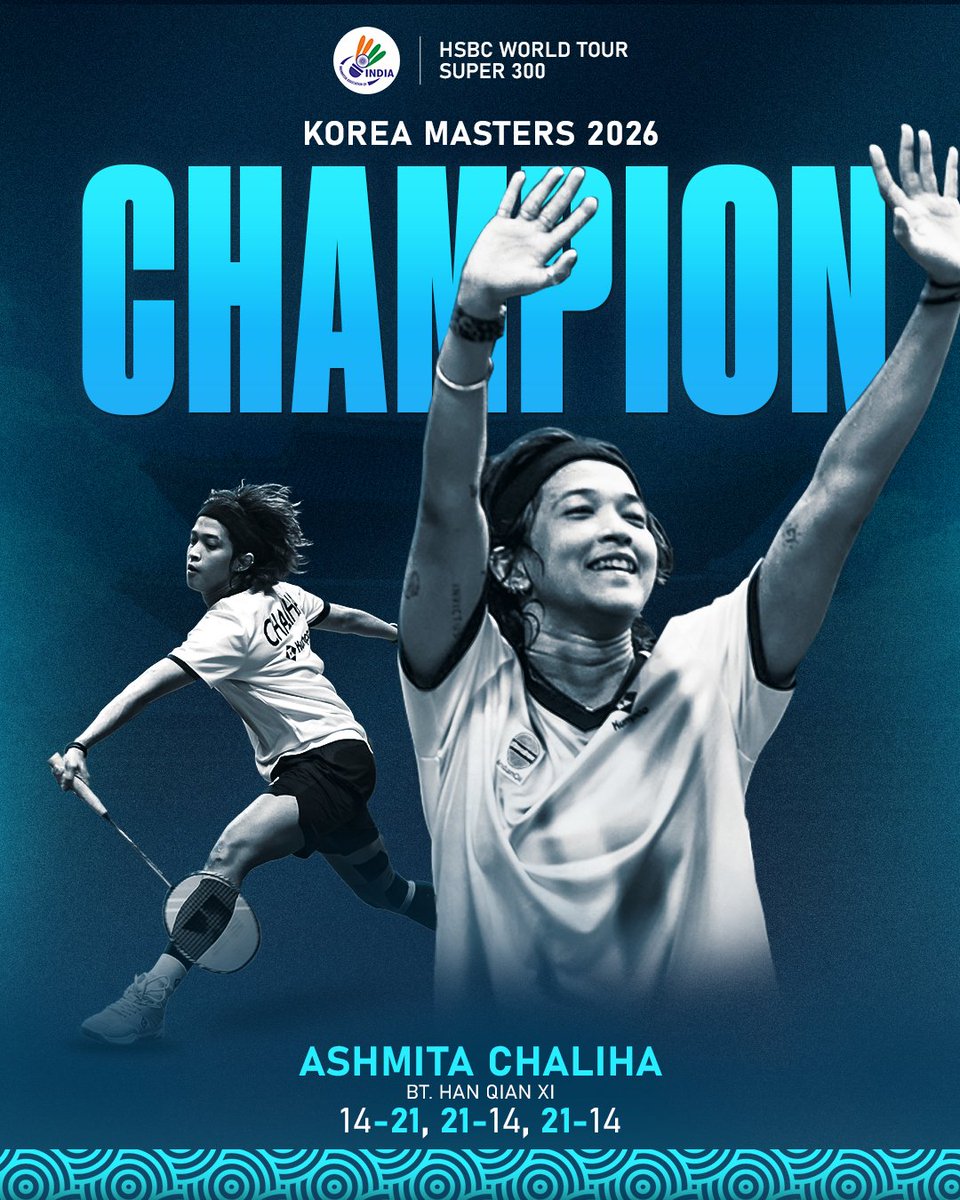 BAI_Media's tweet photo. History made in Korea! 🇮🇳🏸

Ashmita Chaliha becomes the first Indian to win the Korea Masters, defeating fourth seed Han Qian Xi of China in the Women's Singles final. 👏

A milestone moment for the NCE trainee. 🔥 https://t.co/QnLJkRDEds