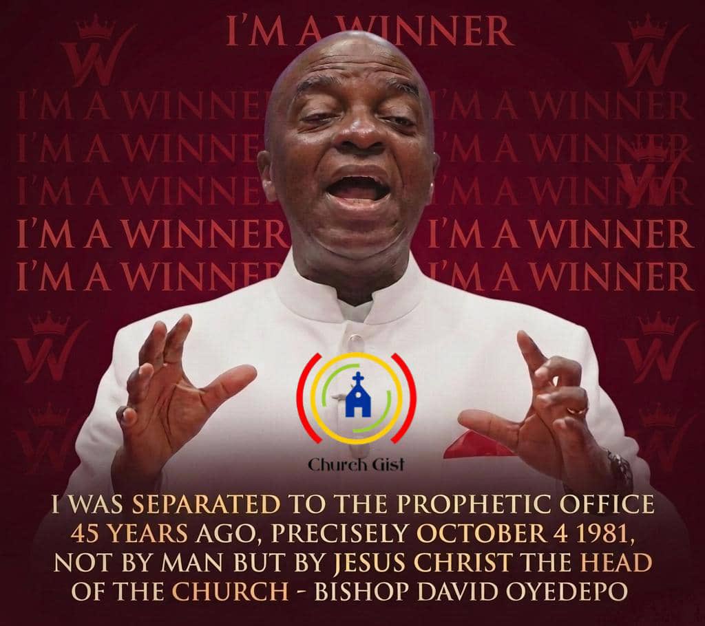 therealchurchg1's tweet photo. I Was Separated To The Prophetic Office 45 Years Ago, Precisely October 4 1981, Not By Man But By Jesus Christ The Head Of The Church
 
- Bishop David Oyedepo

#ChurchGist https://t.co/6eQBXENWsO