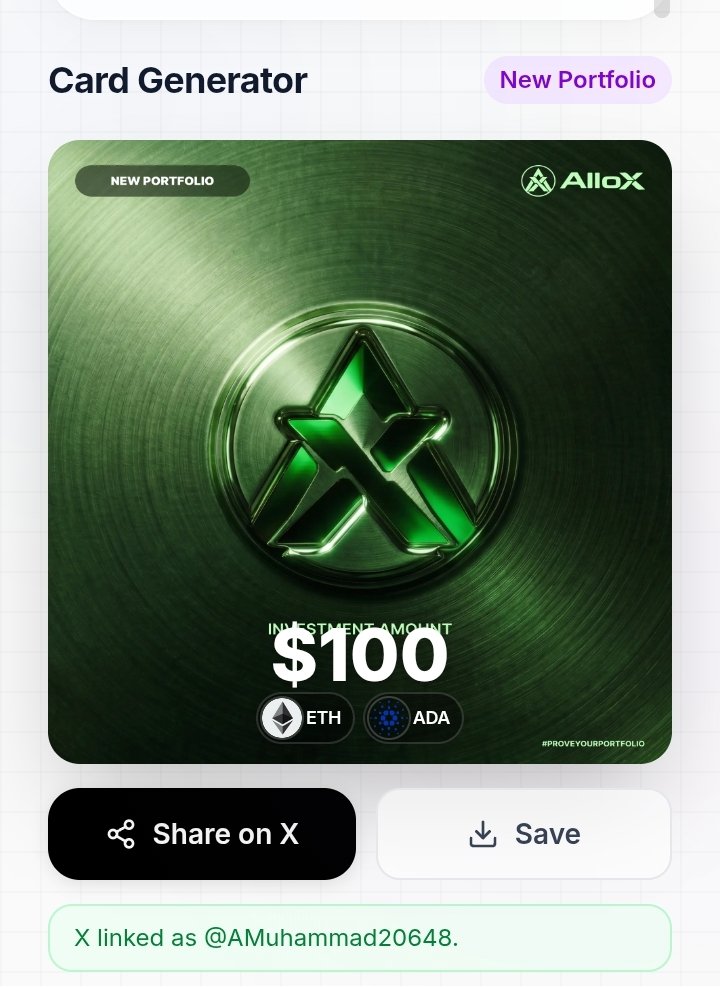 AMuhammad20648's tweet photo. Investment Amount: $100
🔹 Assets: ETH + ADA
📊 Building a diversified crypto portfolio with a long-term vision.
🌱 Focused on smart allocation, steady growth, and exploring new opportunities in the crypto market.
#Allox #Crypto #Portfolio #ETH #ADA #Web3 #CryptoInvesting https://t.co/5NyfbNIeol