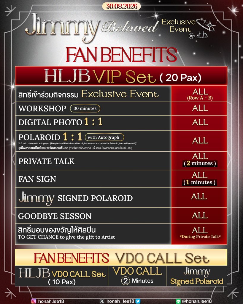honah_lee18's tweet photo. Now 📌✨ 
📍HLJB VIP  Set (20pax)✨Available = 7 Set ✅
(for attending the Exclusive Event  )

📍HLJB VDO Call Set(10pax) ❌Sold Out ❌
(fore VDO Call 2Minutes & Signed Polaroid)

Order via Line line official 
@ honah.lee18
https://t.co/CUPbaIt9sP 

HONAH LEE 

 ✨#JimmyXHONAHLEE ✨
#จิมมี่จิมมอย #จมอ่านว่าจอมอ #จิมมี่ #jimmy