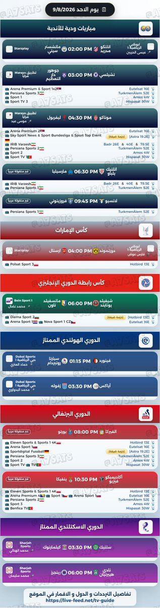 A7SatTV's tweet photo. م🏟| جدول القنوات العربية و العالمية الناقلة لمباريات ▶️
🗓|الاحد | 09-08-2026
🗓|فجر الاثنين | 10-08-2026
الدوري البرازيلي
ميراسول × كروزيرو
فاسكو × باهيا
إنترناسيونال × بالميراس
كورينثيانز × براغانتينو
أتلتيكو × سانتوس
فيتوريا × فلامينغو

الدوري الأرجنتيني
هوريكان × راسينغ
راسينغ × أرجنتينوس جونيورز

مباريات ودية للأندية
أتلتيكو مدريد × مانشستر سيتي
تشيلسي × جوهور دار التعظيم
موناكو × ليفربول
أتلتيك بلباو × مارسيليا
لازيو × فروزينيني 

كأس الإمارات
بروسيا دورتموند × أرسنال

كأس رابطة الدوري الإنجليزي
شيفيلد يونايتد × مانسفيلد تاون

الدوري الهولندي الممتاز
فينورد × سبارتا روتردام
أياكس × زفوله

الدوري البرتغالي
ألفيركا × بورتو
أكاديميكا فيزو × بنفيكا

الدوري الاسكتلندي الممتاز
سلتيك × كيلمارنوك
نادي هيبرنيان × رينجرز

المباريات المنقولة عربيا يوجد لها قنوات عالمية اخرى تفاصيلها في الموقع
https://t.co/6g8U0SFxQT