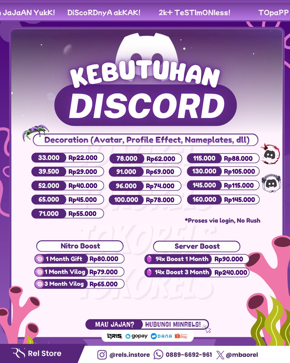 relsmark's tweet photo. Ready DISCORD DECORATION💜 (UPDATED 9/8/26)
— Dekorasi (profile effect, nameplate, dll)
— Nitro boost 1 &amp; 3 month

t. zonauang beyi jb dc deco murah promo https://t.co/2tppnBSySn