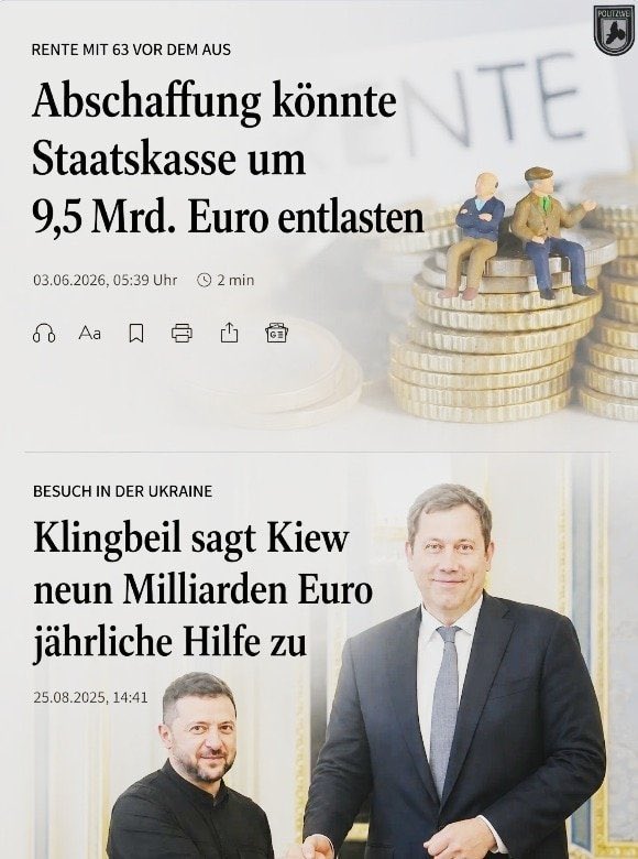 keinervondaoben's tweet photo. Der Staat will bei der Rente mit 63 nach 45 Beitragsjahren 9,5 Milliarden Euro einsparen. Gleichzeitig sagt Finanzminister Lars Klingbeil der Ukraine 9 Milliarden Euro Hilfe zu.
9,5 Milliarden weniger für Menschen, die ihr Leben lang gearbeitet und eingezahlt haben – 9 Milliarden für Hilfe im Ausland. Diese Zahlen stehen nebeneinander und zeigen, wie falsch die Prioritäten gesetzt werden.
Wer dieses Land über Jahrzehnte getragen hat, darf nicht zum Sparposten werden. Deutschland muss zuerst seine Rentner, Arbeitnehmer, Infrastruktur und Wirtschaft stärken.