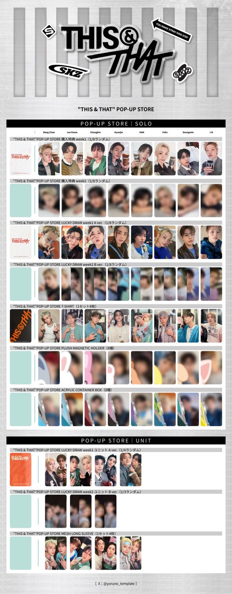 yoruno_template's tweet photo. Stray Kids スキズ テンプレート template 一覧 交換 THIS &amp; THAT POP-UP STORE ポップアップストア 購入特典 トレカ ユニット

ℹ️メンバー別作成、一部画像更新

ご自由にお使いください🪼
・アカウント名の記載はそのまま
・ミスを発見されたらDMへ
・💬🔁❤️🔖大変喜びます

メンバー別はツリーへ⏬ https://t.co/2O0Ro48uzD