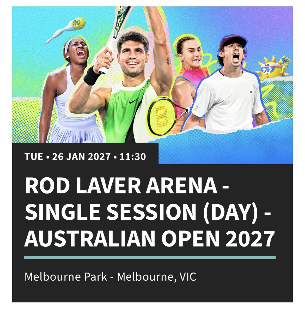 aleth04's tweet photo. Okay secured my ticket for AO Quarterfinals, time to see the young guns! 😀

I’m going to wait for #AlexEala 🇵🇭match sched, hopefully I get to see her again like LY. I’m pretty sure #AO will put her on bigger and ticketed court this time. 

#AO2027 https://t.co/FjVmnKEk3w