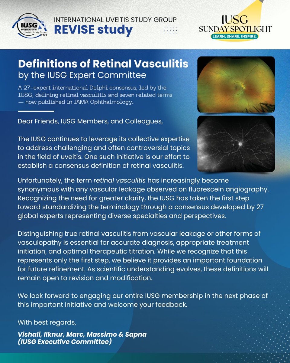 iusg_official's tweet photo. The IUSG REVISE Task Force has published consensus definitions for retinal vasculitis in @JAMAOphth.
Publication:
https://t.co/c7tXyOXl9x
Podcast:
https://t.co/ajdVEaWHfU

#IUSG #Uveitis #Retina #Ophthalmology #OcularImmunology #OcularInflammation #REVISEstudy https://t.co/cK8Y2czBdj