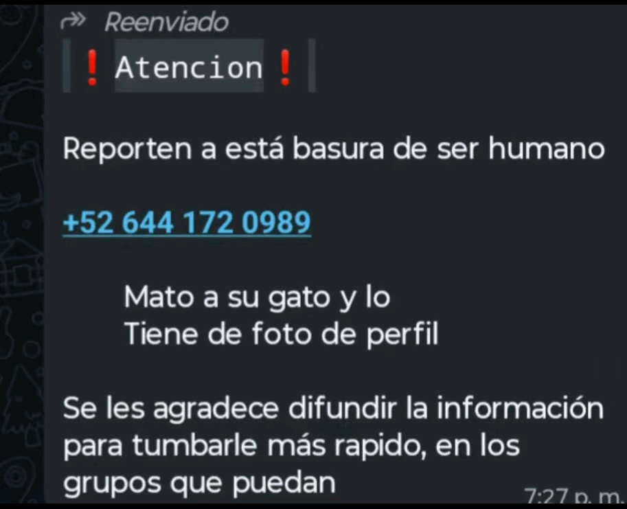 Annieuwu15's tweet photo. 52 644 172 0989 este número a mandado a otro lado a un inocente gato por favor denuncien o si pueden hacer algo más. gracias https://t.co/E97nVB8MJb