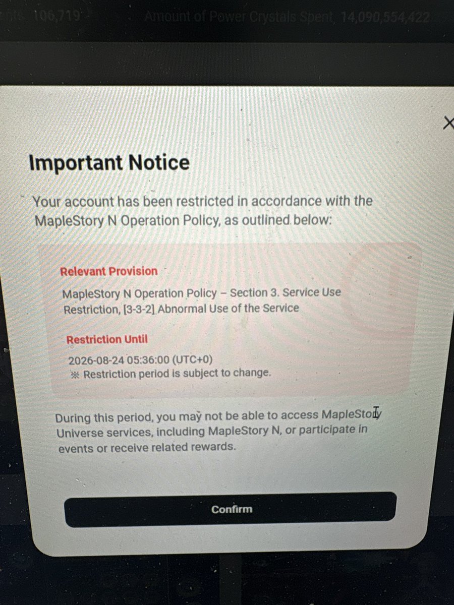 MSU_NW_FANG's tweet photo. Okay it’s my turn got banned 😂😂

Well all I can recall is whole day mostly staying at Sauna (plus some dailies). I was uh.. playing another steam game today and this pops up after I look back Maplestory N.

I am reading back the discouraged playstyle and trying for a appeal https://t.co/vVEFqY7R5H