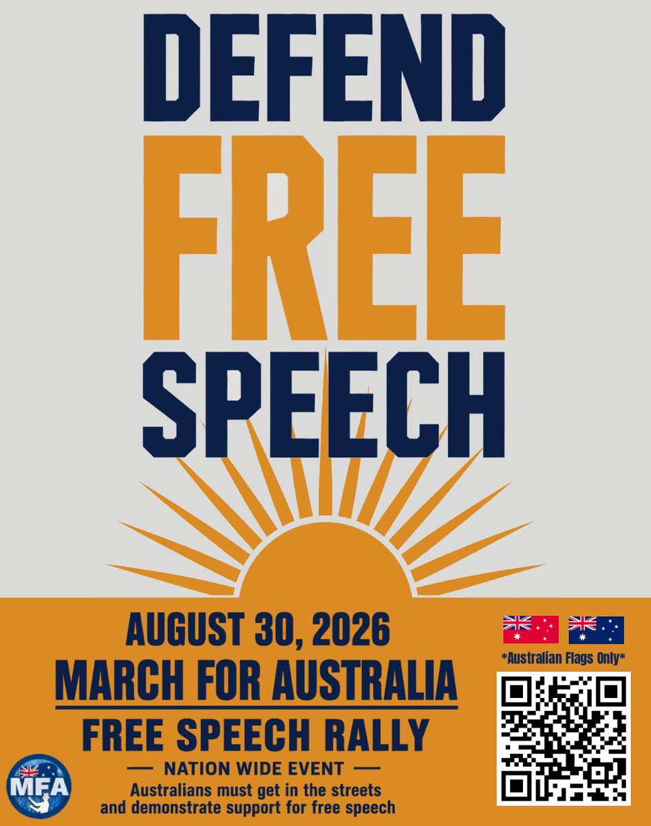 marchforaus's tweet photo. Freedom of speech is under attack in Australia.

Over recent years, state and federal governments have introduced an unprecedented wave of laws restricting speech, political expression and association.

At the same time, Australians are demanding change.

Immigration has reached historic levels. Housing and the cost of living have spiralled out of control. Trust in our institutions is declining. On issue after issue, ordinary Australians increasingly feel that neither Labor nor the Liberals represent them.

A political and social course correction is coming.

But meaningful political change is impossible without the freedom to speak, organise, protest and challenge those in power.

Free speech does not exist to protect popular opinions. It exists to protect controversial and unpopular opinions too. You do not have to agree with someone’s views to understand that protecting their freedom ultimately protects yours.

Today it might be someone you despise. Tomorrow it could be you.

On Sunday, August 30, Australians across the country will once again take to the streets for March for Australia.

This time, we march for our fundamental freedoms.

We may disagree on policies, parties and politics, but we can stand together on one basic principle:

Australians should be free to speak.

For Our Freedoms.
For Our Future.
For Australia. 

So we ask that you join us in the fight for freedom of speech and March For Australia. See our site and follow for further details as they are released!