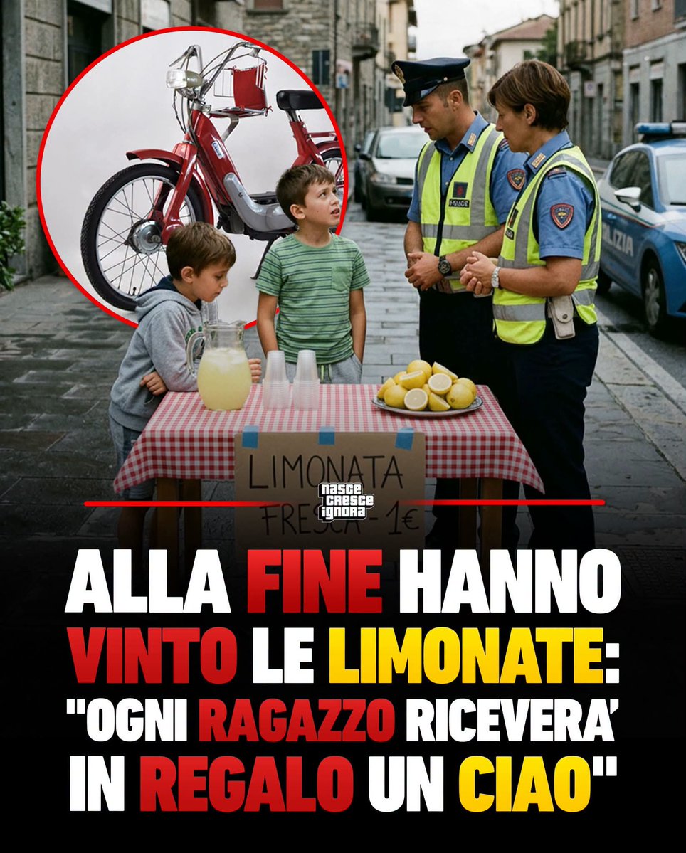 itsmeback_'s tweet photo. È ormai diventata virale la vicenda di tre ragazzini tra i 13 e i 14 anni che avevano allestito un chiosco per la limonata per comparsi un "ciao".

L’iniziativa era stata però interrotta dalla Polizia locale, intervenuta dopo la segnalazione di un cittadino per la mancanza delle necessarie autorizzazioni. 

La vicenda ha però fatto rapidamente il giro d’Italia, dando vita a una vera e propria gara di solidarietà.

Alla fine i ragazzi riceveranno addirittura tre motorini: due Piaggio Ciao saranno donati dal Moto Club Morena di Udine, mentre il terzo verrà acquistato grazie a una raccolta fondi promossa dal Ciao Club Italia, che ha già raccolto circa 3.000 euro.

Anche il presidente del Friuli Venezia Giulia Massimiliano Fedriga ha annunciato di volerli invitare in Regione per conoscere personalmente la loro storia.

Insomma, tutto è bene ciò che finisce bene!

[Fonte: RaiNews]
- Nasce Cresce Ignora