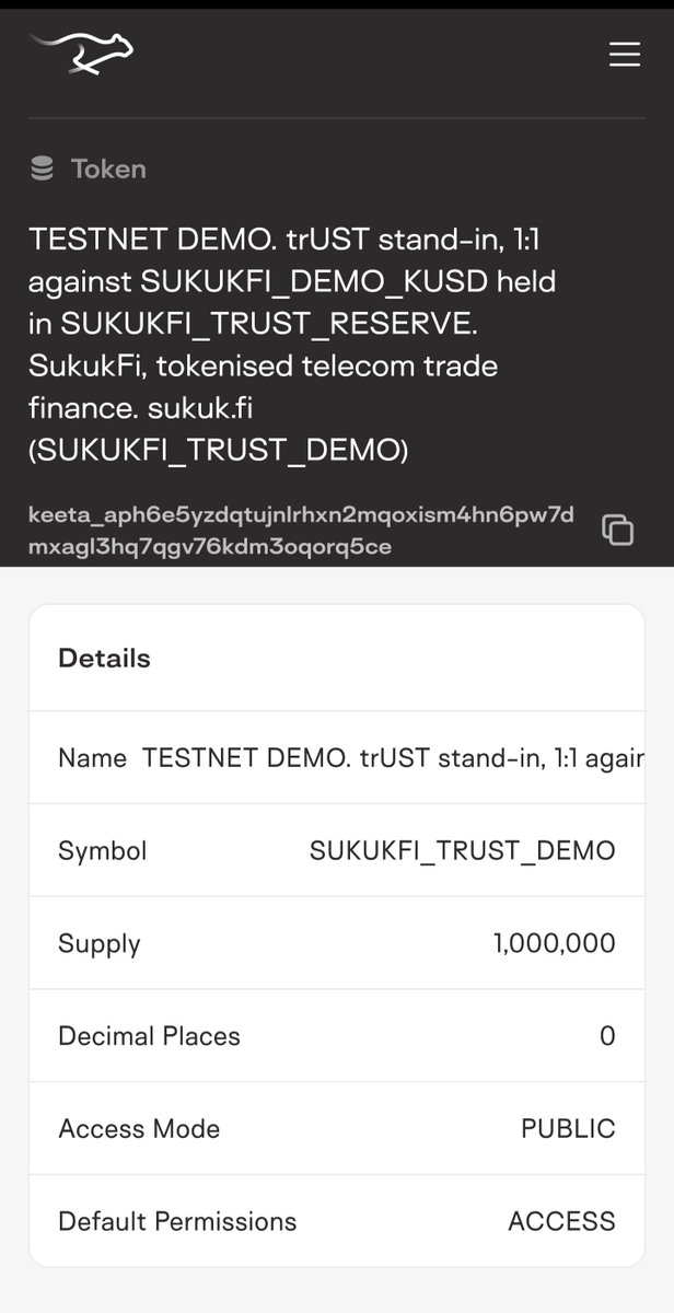 KW8758332185788's tweet photo. 🚨 @SukukFi Alpha on @KeetaNetwork testnet 🚨

​trUST isn't just backed by standard stablecoins—it's pegged 1:1 against Keeta’s tokenized bank deposits ($KUSD) https://t.co/f6w4kZOIBh