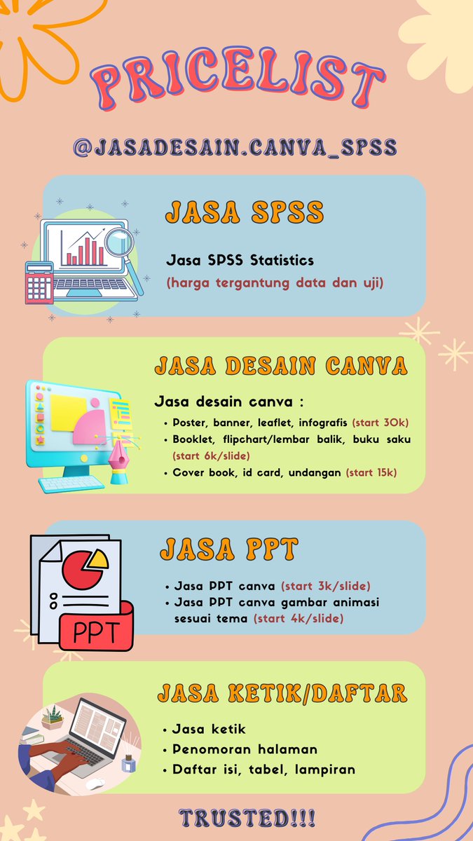 jasa_designspss's tweet photo. Selalu Open โฌ๏ธ
๐ Jasa joki Desain Canva (Poster, Leaflet, infografis, booklet, lembar balik, banner)
๐ Jasa joki PPT
๐ Jasa SPSS Statistic
๐ Jasa Ketik
https://t.co/fGo4XqE1dH
#jokitugas #jasatugas #jokileaflet #jokiposter #jokidesain #jasadesain #jokidesign https://t.co/NPJgaBK0zA