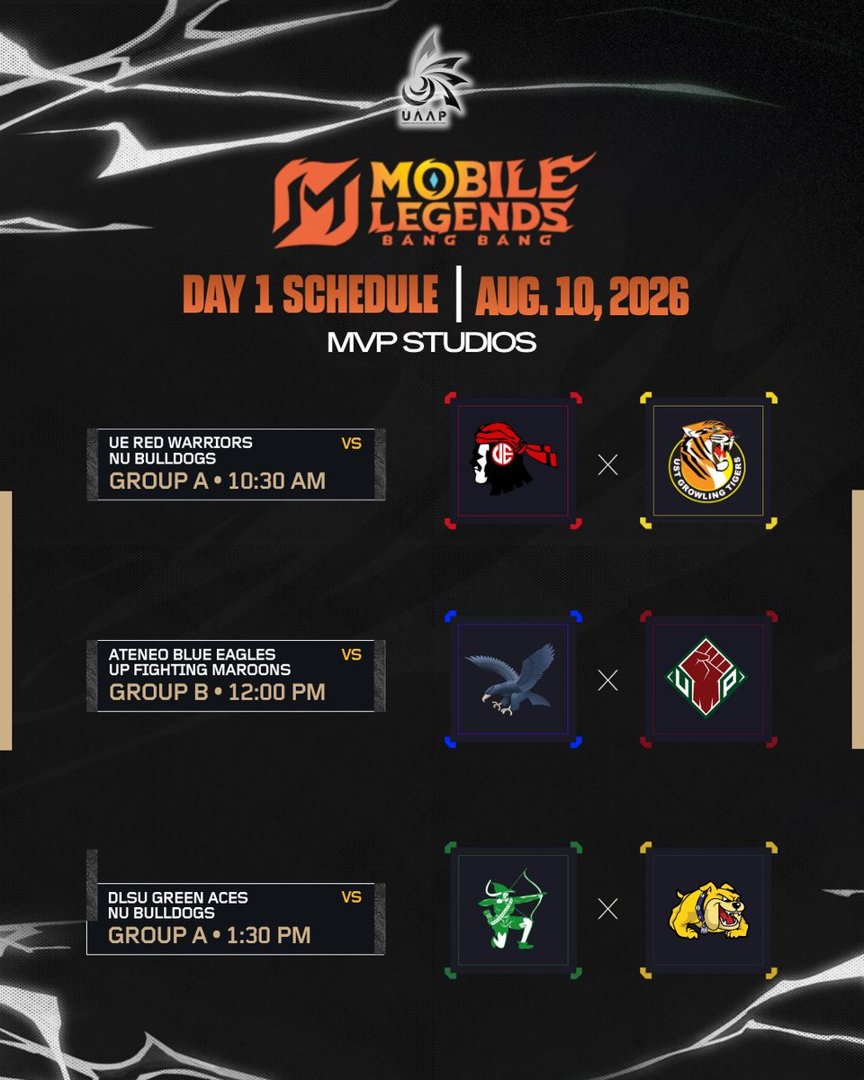 uaap_official's tweet photo. The battle lines are set! ⚔️ 

Here’s the updated schedule for the UAAP Esports 2026 – Mobile Legends: Bang Bang Tournament!

You can also catch all the live action from anywhere! 📲 Stream the games live on Pilipinas Live and the official One Sports YouTube Channel.

#UAAPEsports2026 
#ForEveryoneUAAP
