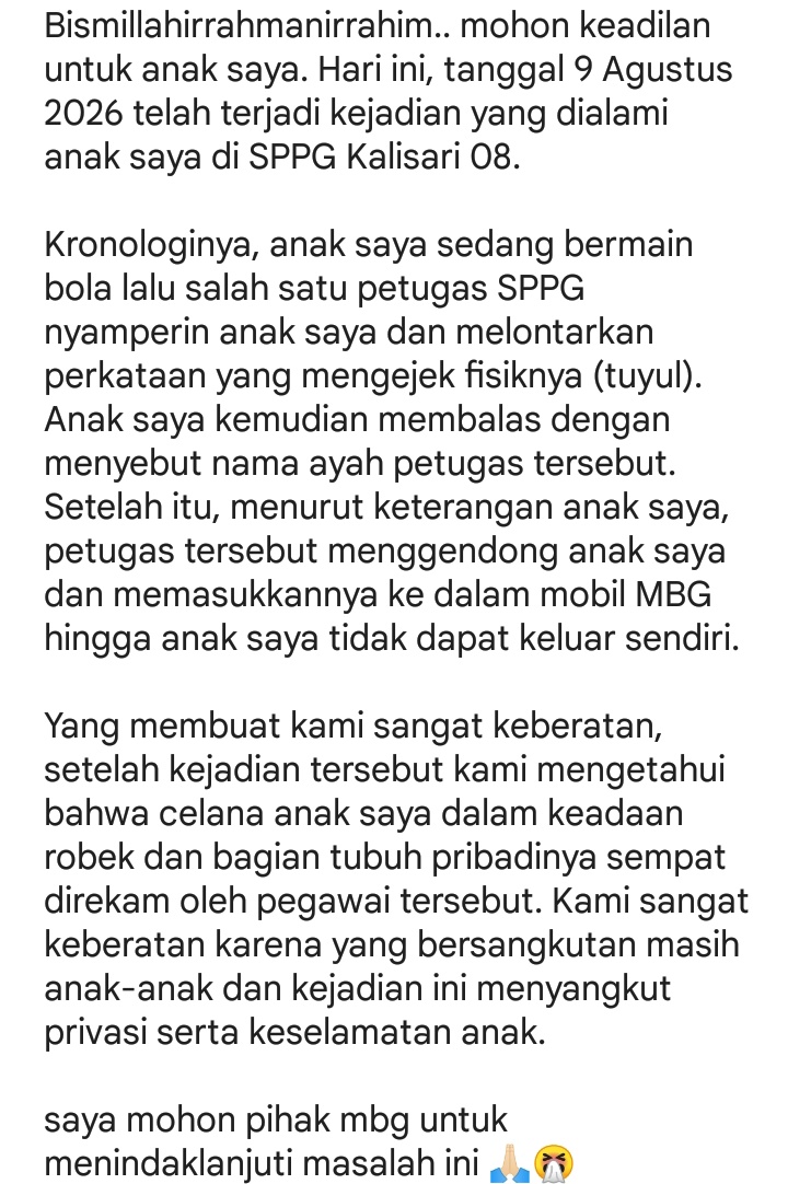 nasidumpie's tweet photo. KARYAWAN MBG MELAKUKAN PENGURUNGAN DAN MEREKAM AREA INTIM ANAK KELAS 3 SD 😤
#MBG #BGN #makanbergizigratis #sppgkalisari08 #pengurungan  #viral @menuembegejelek 
*HELP RT/LIKE* https://t.co/aAXdLlUfVQ