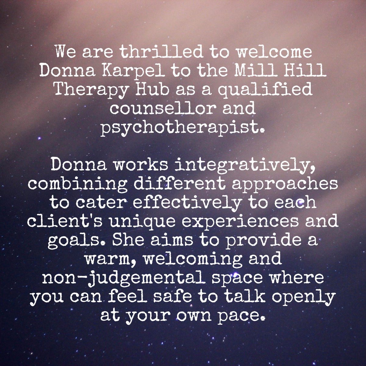 MHTherapyHub's tweet photo. Delighted to welcome Donna Karpel, Counsellor and Psychotherapist, to the Mill Hill Therapy Hub. Integrative therapy for adults in Bushey and online. 🌿✨ #MillHillTherapyHub https://t.co/kH2HYQAckn
