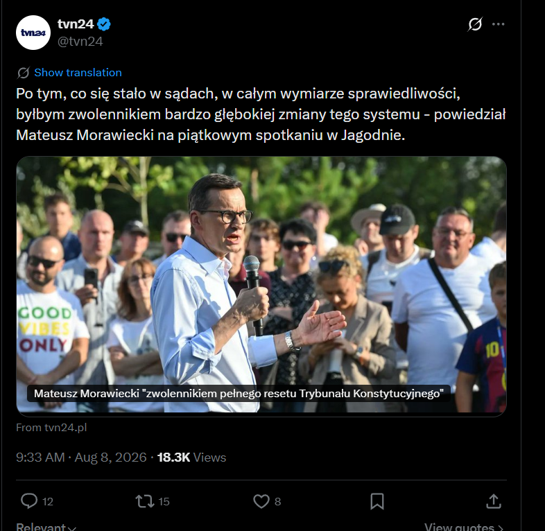 Arek_ZdWola's tweet photo. Ten wpis tvn robi robotę Morawieckiemu, pokazuje jego występ w Jagodnie, gdzie adresuje główną bolączkę KO - brak rozliczeń. Tvn działa na rzecz Morawieckiego.

Porównajcie liczbę wyświetleń do liczby polubień, widać że wpis ma negatywny odbiór. https://t.co/CL3VHiEuea
