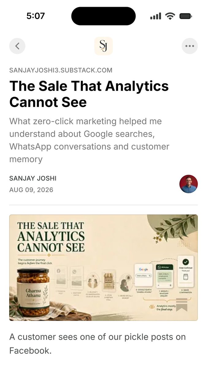 GharnuAthan's tweet photo. Google Analytics showed our newest pickle sale came from "Organic Search."
Analytics was wrong.
They saw a Facebook post 3 weeks ago, got a WhatsApp recommendation, and searched our brand name when ready to buy.
Track where customers trust you, not just where they arrive from. 👇 https://t.co/GUWhAE0q6o
