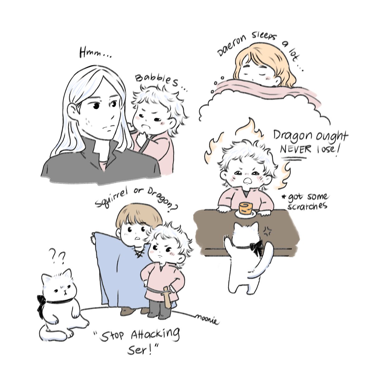 moonjiro08's tweet photo. #dunkaerion #akotsk
Childhood AU
Daily mornings include telling his Papa Maekar about his adventures 
Daeron the sleepy child 
And his fights with the cat
Aerion is living his best baby life 🙂‍↔️ https://t.co/Zxh8l1cnaW