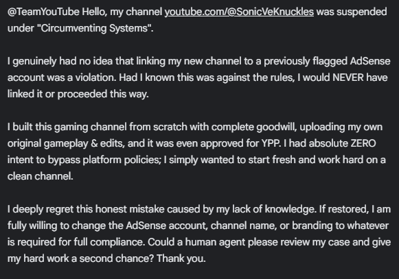 udexaa's tweet photo. @TeamYouTube Hello, my channel https://t.co/lqE4Pi5ko3 was suspended under "Circumventing Systems". Please read the attached image regarding an honest mistake I made with my AdSense account. I kindly ask for a human review. https://t.co/XmDm4uka9D