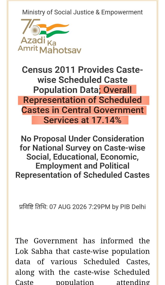 neha_laldas's tweet photo. Do you know?

-As on 1 January 2026, the overall representation of Scheduled Castes in Central Govt services stood at 17.14%.
Which means their representation is above their population%.

& This data is presented by Govt in Loksabha.

As per this data, they don't fulfill the criteria for reservation mentioned in article 16-4!

Let's ask-
Why overrepresented classes are getting reservation?