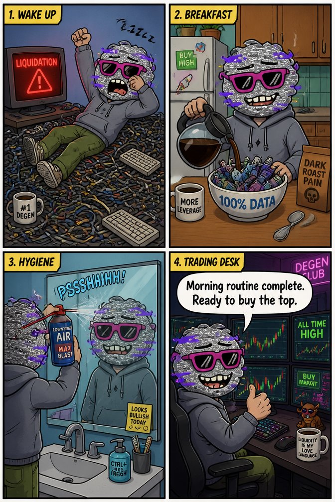 glitchedGary's tweet photo. My 5 AM billionaire morning routine:
Wake up to a liquidation alarm
Eat a bowl of USB drives with black coffee
Hairspray the TV static
Buy the top and lose it all
The grind never stops. ☕️📉
#CryptoTwitter #MorningRoutine https://t.co/usqktwu2VW