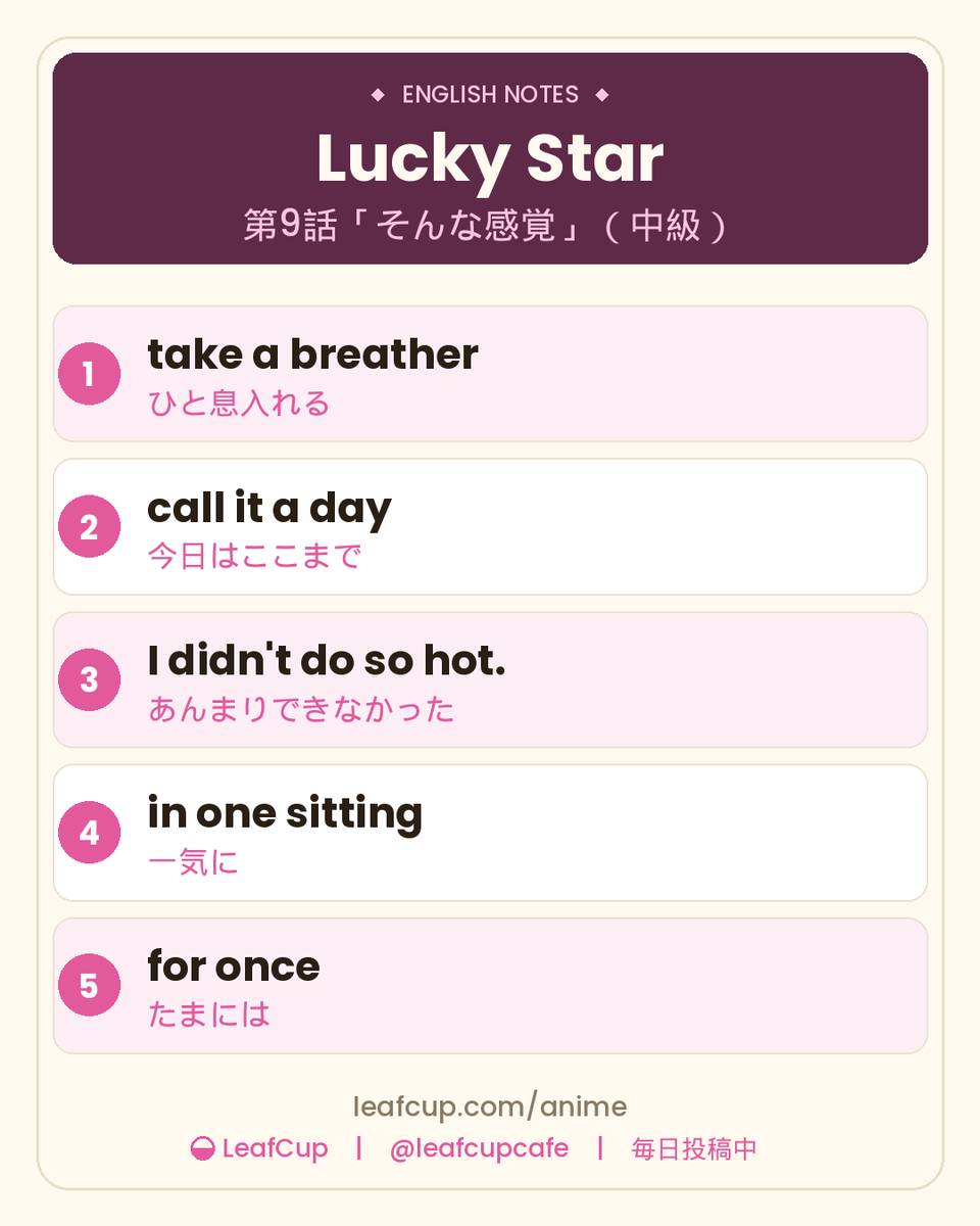 leafcupcafe's tweet photo. 勉強を始めて数分で「今日はここまで」。
らき☆すた第9話は、やらない理由の英語が豊作でした。

✅ take a breather（ひと息入れる）
✅ call it a day（今日はここまでにする）
✅ I didn't do so hot.（あんまりできなかった）
✅ in one sitting（一気に）

#アニメで英語 #英語学習 https://t.co/HGuZy6O0oP