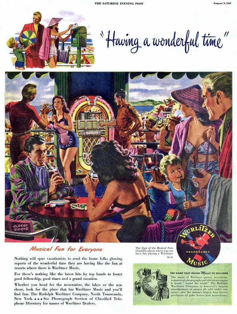 LRonLacy's tweet photo. “Having a wonderful time!” Wurlitzer
*The Saturday Evening Post*, August 9, 1947
#illustration #illustrationart #illustrationartists #AlbertDorne #AlDorne #Wurlitzer #jukeboxes #seaside #vacations #holidays #postcards https://t.co/WClHQgyavl