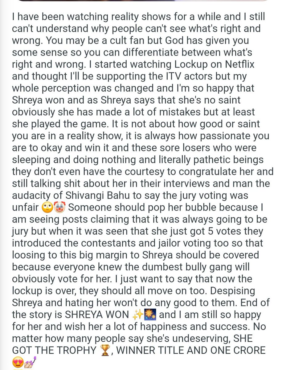 akroti459's tweet photo. Still so happy that Shreya won π π€
#akanshachudhary #shreyakalra #shivangijoshi ##harshadchopra #yogeshrawat #lockup2 https://t.co/NZJLYIUQI0