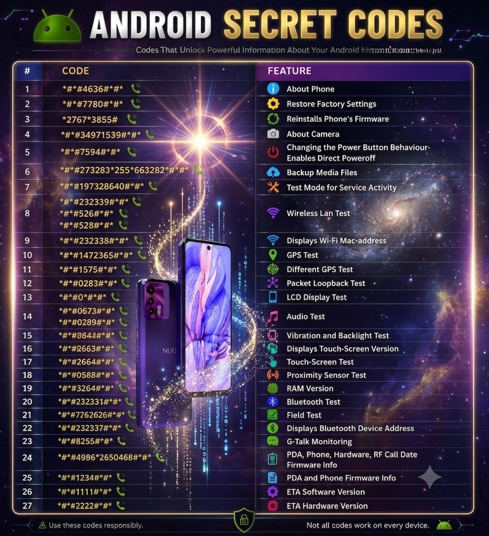 Evelyn_Coder_X's tweet photo. Unlock the hidden potential of your Android! 🤫 From hardware testing to secret factory resets, these essential codes give you full control over your device. Try them out and discover what your phone can really do! 📲
#AndroidHacks #SecretCodes #TechTips #AndroidUsers https://t.co/qj6yyx12YV