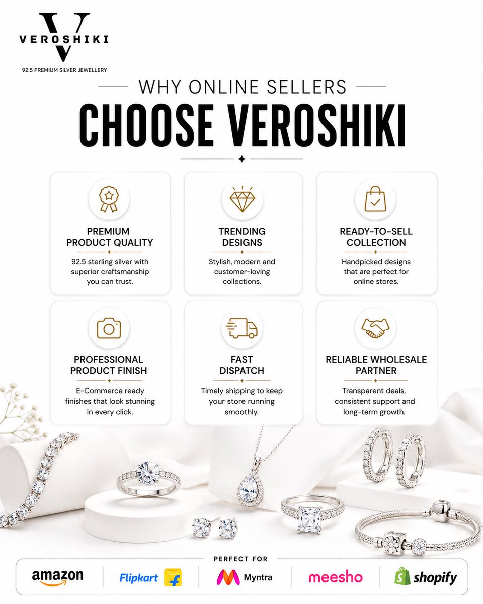 VeroshikiSilver's tweet photo. Ready to grow your online jewellery business? ✨
Partner with Veroshiki for premium 92.5 Sterling Silver, trending designs &amp; reliable wholesale supply.

📦 E-commerce ready | 💎 Premium Quality | 🚚 Fast Dispatch

#Veroshiki #925Silver #JewelleryWholesale #SilverJewellery https://t.co/H5uCQl6zwx