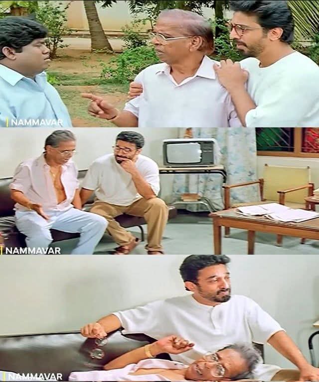 BS_Prasad's tweet photo. நம்மவர் திரைப்படத்தில் வரும் 
அந்த 8 நிமிட காட்சி... 👌🙏

தன் மகள் தற்கொலை செய்துகொண்ட செய்தியை அறிந்து ,அதிர்ச்சி ,வேதனை ,வலி என அனைத்தையும் உள்ளடக்கிக்கொண்டு ,
தன் வீட்டை நோக்கி ஆவேசமாக ஓடுவார் .

மூச்சு இறைக்க வீட்டினுள் நுழைந்த நாகேஷ்,தன் மகளின் பிரேதத்தின் மேல் மூடப்பட்ட வெள்ளை துணியை அகற்றி மகளின் முகத்தை பார்த்த பின் ,மகள் தூக்கிலிட உபயோகித்த புடவையை தொட செல்வார் .

இன்ஸ்பெக்டர் :அதெல்லாம் தொடாதீங்க ...

நாகேஷ் : தெரியும் பா , (கமலை நோக்கி ) அவளுக்கு ரொம்ப புடிச்ச புடவை ...என்கிட்ட சொல்லமா ஒரு காரியமும் பண்ண மாட்டா ,லெட்டர் கிட்டர் எழுதி இருக்காளா ??

இன்ஸ்பெக்டர் : நீங்க ??

நாகேஷ் : Father ...

கடிதத்தை படித்த பின் ...

நாகேஷ் : ஹஹ் !!! என்ன .. என்ன எழவுடா இது .. ராத்திரி பூரா அழுது தீர்த்தாளே .. அதே தான் ... இது தான் பா மிடில் கிளாஸ்ங்கிறது .. பக்கத்து வீட்டுக்காரன் என்ன சொல்றான்ங்கிறது தான் முக்கியம் ..என் புத்திய ஜோட்டால அடிக்கணும் ,தூங்குறாளே தனியா விட்டு போனேன் பாரு ...(எதையோ தேடிய படியே கவுதமி அழுவதை பார்த்து ) அழறா பாரு ,வேண்டாம்னு சொல்லு ...

கமல் : என்ன தேடறீங்க ??

நாகேஷ் : உடுப்பா ,அய்யோ உடேன் ...

தலையணையை தன் இறந்த மகளின் தலையில் வைத்தபடியே ...

நாகேஷ் : இவ பொறந்தப்ப ,இவ மண்ட கொஞ்சம் கோணல் ..தரையில போட்டா shape வராதுனு சொல்லி ,தூளில போட்டு ,நான் ஒரு பக்கம் ,அவ அம்மா ஒரு பக்கம் மணிக்கணக்கா ஆட்டிட்டே இருப்போம் ,கடைசில நாங்க ரெண்டு பெரு தூங்கிடுவோம் ,இவ படக்கு படக்கு முழிச்சிட்டு இருப்பா ...இப்போ பாரு ... சார் யாரு ??

கமல் : டாக்டர் ..

நாகேஷ் : டாக்டரா ?? இனிமே எதுக்கு டாக்டர் ?? ஓ !! எனக்கா ...மயக்க மருந்தா ?? ரொம்ப ஒளறுறனா ... ஹும் போடுங்க ..இவை இருக்காளே ,இவ அம்மா மாதிரி ,எல்லாத்தையும் மனசுலயே போட்டு குழப்பிக்குவா ..நான் practical ..பாத்தீங்களா ,சுத்தி ஐஸ் வைக்கணும் ,யாருக்காவது தோணுச்சா ... எனக்கு தான் தோணுச்சு ...இனிமே இது குழந்தை இல்ல ,body !! ஊசி போடுங்க ...

டாக்டர் : போட்டாச்சு சார் !!

நாகேஷ் : அதான் தலையெல்லாம் சுத்துற மாதிரி இருக்கு ,நான் கொஞ்சம் படுக்கணுமே ..எனக்கு ஸ்பான்டிலிட்டிஸ் ,எனக்கு தலைகாணி வேணும் ...அத யாரும் எடுக்காதீங்க ,அது அவளுக்கு வேணும் ..அவளை மாதிரி என்னால தரைல படுக்கவும் முடியாது ,இப்போ நான் என்ன பண்ணுவேன் என செய்வதறியா தவிக்கும் நாகேஷை தன் மடியினில் படுக்கவைத்துக்கொள்வார் கமல் ...

இந்த 3 நிமிட காட்சி,சிங்கிள் டேக்கில் எடுக்கப்பட்டது .

நாகேஷ் என்பவர் ஒரு ஆக சிறந்த நகைச்சுவை நடிகரோ அல்லது குணச்சித்திர நடிகரோ அல்ல ,He is a complete actor என்பதற்கான ஒரு சான்றாக இருக்கும்,இக்காட்சி ...

இடுகாட்டில் ,வெட்டியான் " சாமி அப்படியே திரும்பி பாக்காம ....

நாகேஷ் : தெரியும் ,முதல்ல என் பாட்டிக்கு கொல்லி வச்சிருக்குறேன் ,அடுத்து ,என் அம்மாவுக்கு ,பொண்டாட்டிக்கு ,இப்போ என் பொண்ணுக்கு என கொல்லி வைத்து விட்டு ,ஈர சட்டை வேட்டியுடன்,தனியாக ,ஆடிக்கொண்டே செல்வார் ...

கமல் அவரை கட்டுப்படுத்த முயலும் போது ,நாகேஷ் கதறி அழும் காட்சி, பார்ப்பவர் மனதை ஆழ்ந்த சோகத்தில் ஆழ்த்தும் ..

எனக்கு தெரிந்து ,நாகேஷ் அவர்களை சிறப்பாக பயன்படுத்தியது ,இயக்குனர் சிகரம் பாலச்சந்தருக்கு அடுத்த படியாக கமல் ஹாசனே !!

நாகேஷ் அவர்களுக்குஇப்படத்திற்காக தேசிய விருது கிடைத்தது .. அவர் பெற்ற ஒரே தேசிய விருது !!!

நாகேஷ் -- பிறவி நடிகன் 🔥

#nageshactor #KamalHaasan #Nammavar