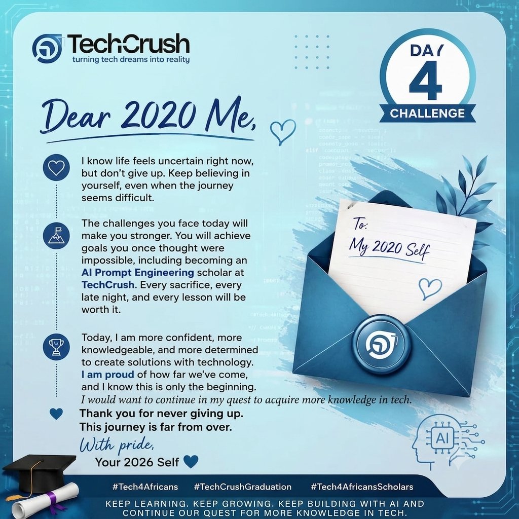 OloniyoC's tweet photo. Day 4 TechCrush Graduation 🎓 Challenge.
Dear 2020 Me,
There has been a great development in me and I'm glad to have improved myself and I'm determined never to stop. All thanks to TechCrush.
#tech4africans
#techcrushgraduation
#tech4africansscholars https://t.co/wOOwh58pKe
