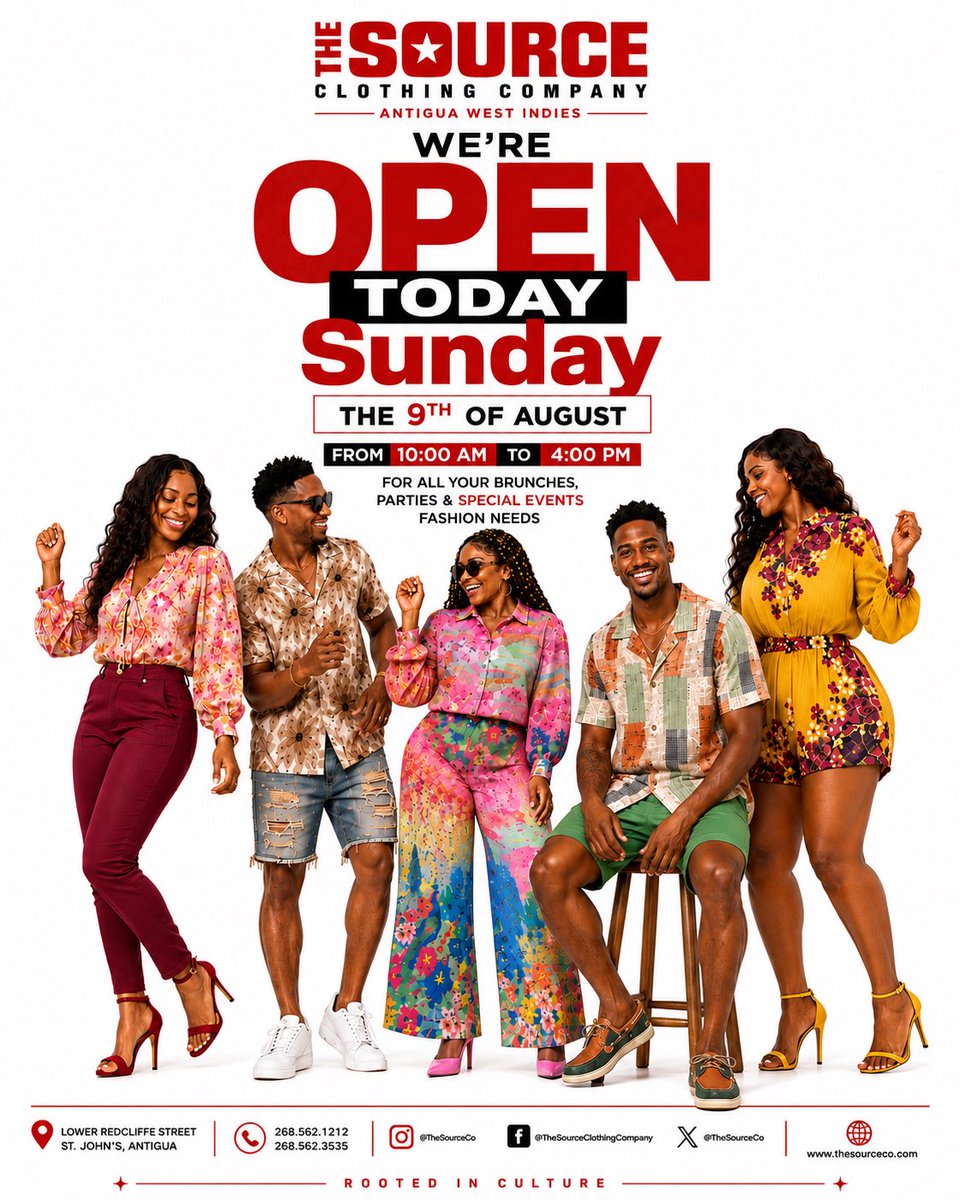 thesourceco's tweet photo. 🚨 THE SOURCE IS #OPEN #TODAY #SUNDAY THE 9th Of #AUGUST FROM 10:00 am To 4:00 pm🚨.
▫️
SHOP @TheSourceCo FOR ALL YOUR CLOTHING 👚👖👕🎒🧢 For EVENTS FETES &amp; BRUNCHES IN ANTIGUA 🇦🇬.
▫️
📍 Lower Redcliffe Street In St John’s ANTIGUA 🇦🇬.
▫️
☎️ 268.562.3535 Or 268.562.1212 For INFO. https://t.co/wkxtj3K86c