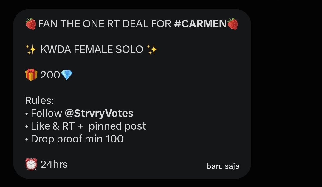 teamvotecarmen's tweet photo. 🍓FAN THE ONE RT DEAL FOR #CARMEN🍓

✨ KWDA FEMALE SOLO ✨

🎁 200💎

Rules:
• Follow @StrvryVotes  
• Like &amp; RT +  pinned post
• Drop proof min 100

⏰ 24hrs https://t.co/7Ky7wHVrcO