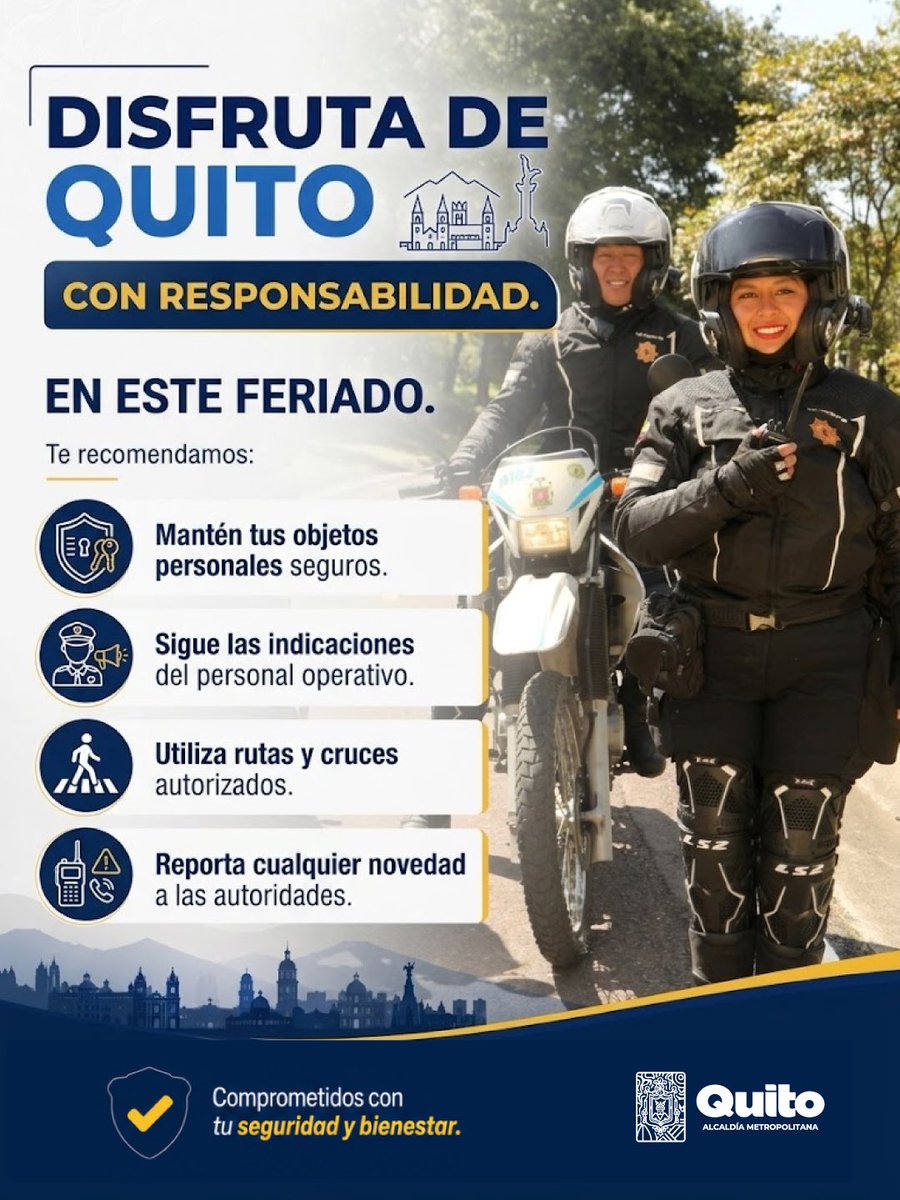 agentesdequito's tweet photo. 👮🏻‍♂️👮🏻‍♀️ #FeriadoEnQuito l Estaremos desplegados en parques, plazas, eventos, zonas turísticas y espacios de alta concurrencia para brindar apoyo en seguridad, control del espacio público, información ciudadana y prevención. ✨

#SomosAgentesDeQuito 💙 https://t.co/TNaY3rEGqS