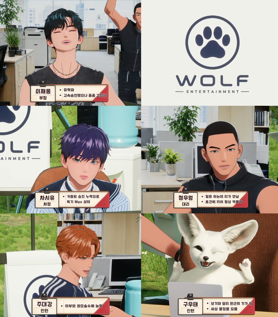 xiu_miumiu's tweet photo. 🐾 Wolf Entertainment 🐾 #wegosix

🍍 Lee Jaerong (General Manager)
- Studied abroad
- Fast-tracked promotions but frequently "malfunctions" (spaces out)

😈 Cha Siyu (Deputy Manager)
- Maxed out on resentment from repeated missed promotions

🍙 Jeong Wooeong (Assistant Manager)
- Does the work but never gets credit for it
- Always caught in the middle, always feels wronged

🍊 Ju Daegang (Intern)
- Skilled at flattery and office politics

🪽 Gu Wootae (Intern)
- Looks cute but is secretly strong-willed
- Clueless about how the real world works
