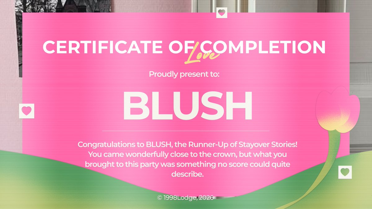 1998Lodge's tweet photo. Congratulations to BLUSH on becoming the Runner-Up of Stayover Stories with 121.266 points. You may have missed the crown by a step, but your presence left a trace far too beautiful to be measured by rank alone. ♥︎

+ @leizkim @cimminju @xriwei @Cahmenita @rusgsell @Mirju https://t.co/gurqYFcfFB