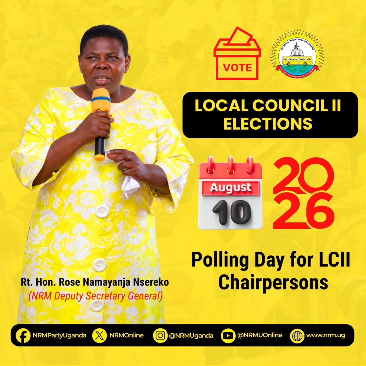 DepSecretaryGen's tweet photo. The Electoral Commission has designated 10th August 2026 for the LC II Chairperson elections.

I urge all NRM members from village councils to vote for the official NRM flag bearers. A strong vote for our flag bearers will help ensure effective coordination and implementation of the Government’s programmes as outlined in the NRM Manifesto.

LC II Chairpersons play a crucial role in local governance and in the implementation of the Parish Development Model (PDM), where they also serve as Chairpersons of Parish Development Committees.

For PDM and other Government programmes to be implemented effectively, we need leaders who understand and are committed to the NRM’s ideology, policies and development agenda.

Let us therefore make an informed choice and vote for the @NRMOnline flag bearers tomorrow to strengthen service delivery and accelerate development in our communities.