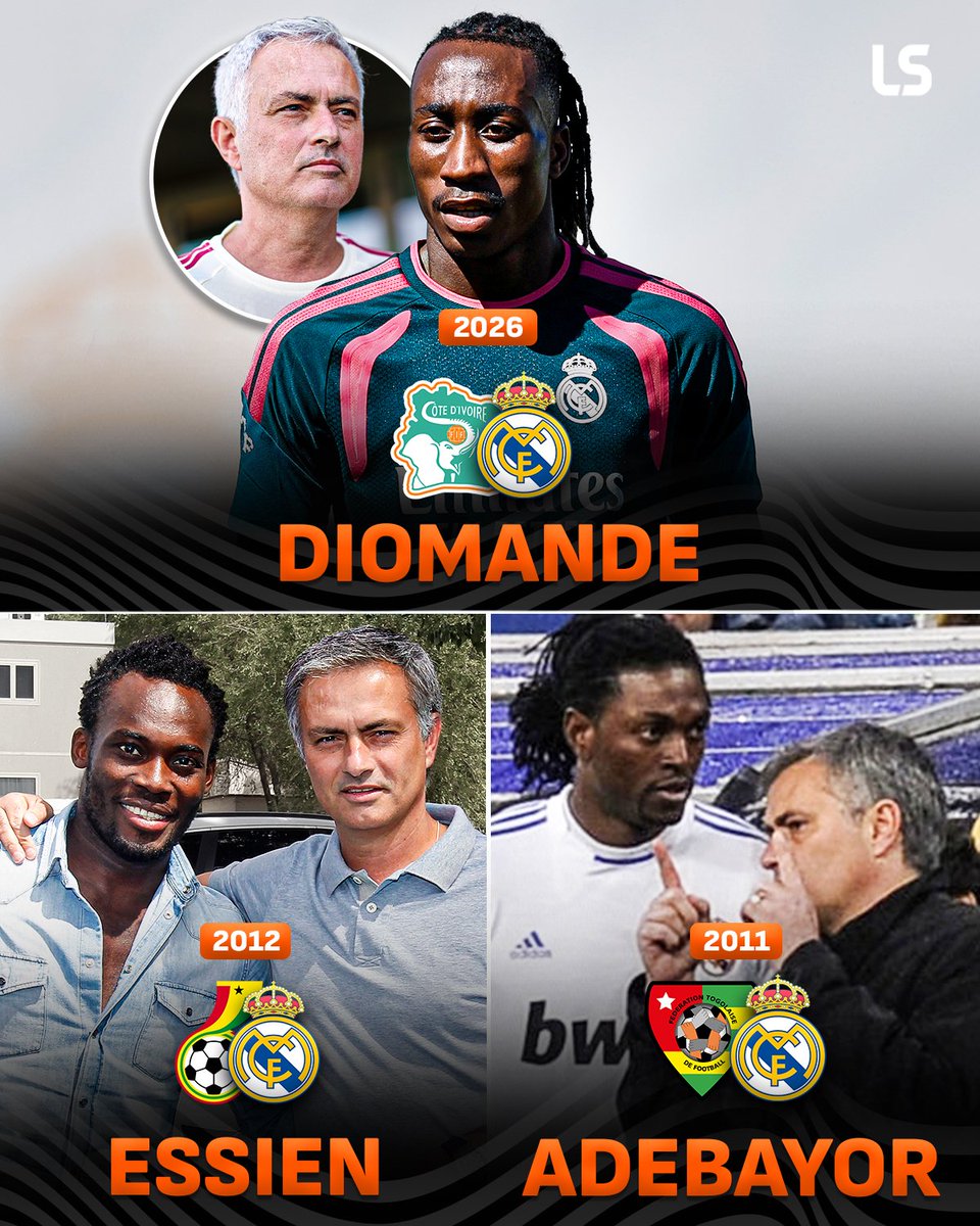 Dyma_scott's tweet photo. Three African pioneers. One common link: José Mourinho 🤝

Adebayor, Essien and now Diomande have all made history as the first Togolese, Ghanaian and Ivorian players to represent Real Madrid 🌍🤍
#Realmadrid https://t.co/CbIYcQv4Ve