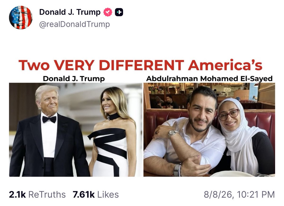 patriottakes's tweet photo. Trump posts typo while trying to attack the wife of Senate candidate Abdul El-Sayed.

It’s “Americas” not “America’s.” https://t.co/6W14DSLftt