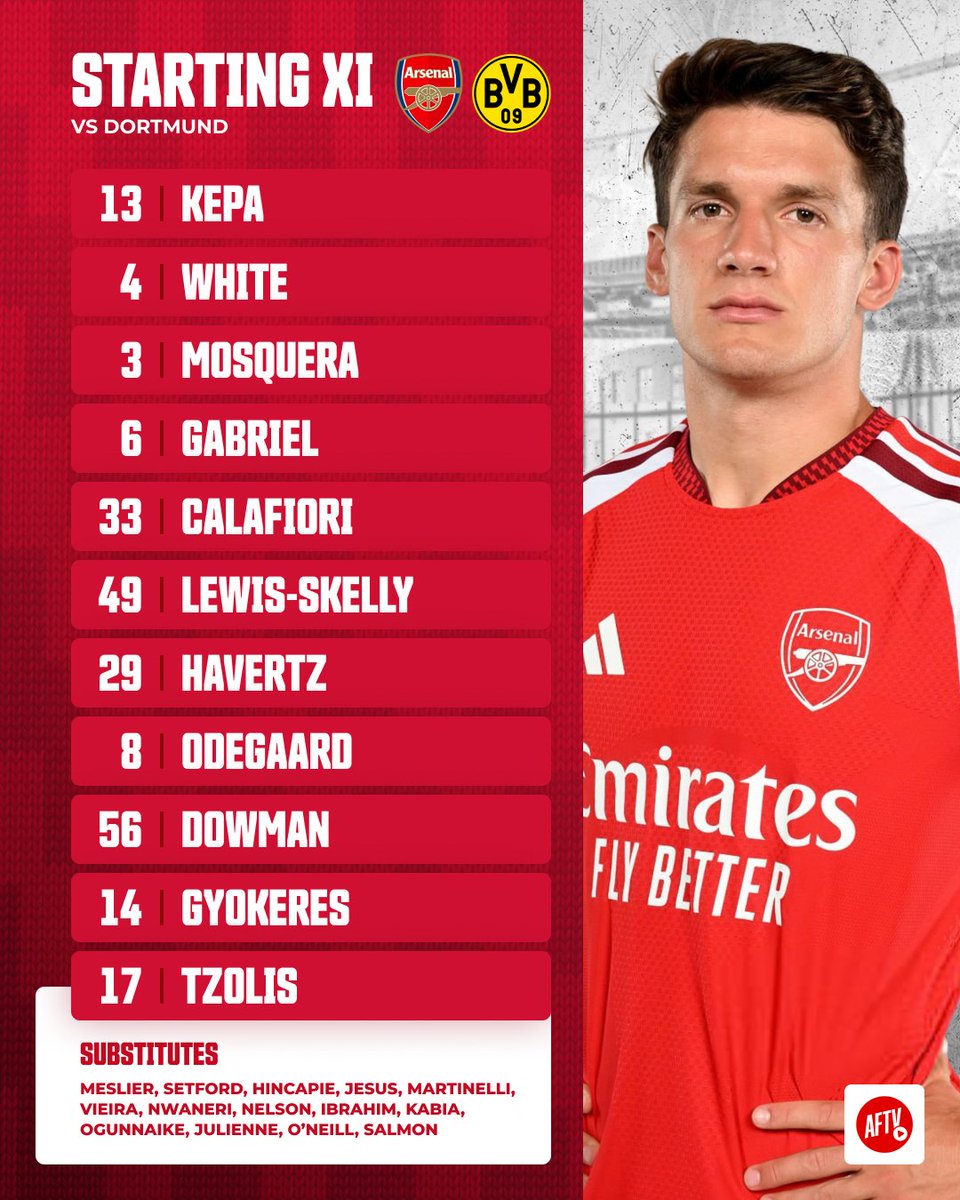 AFTVMedia's tweet photo. Our 𝐒𝐓𝐀𝐑𝐓𝐈𝐍𝐆 𝐗𝐈 against Dortmund today! 👊

Thoughts on the team selection? 🤔 https://t.co/j5UCjmhWUG